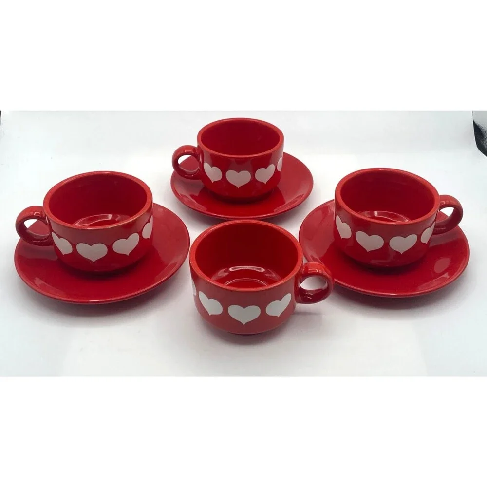 Vintage Red Heart Waechtersbach 4 Tea Cups & 3 Saucers Stackable Retired MINT